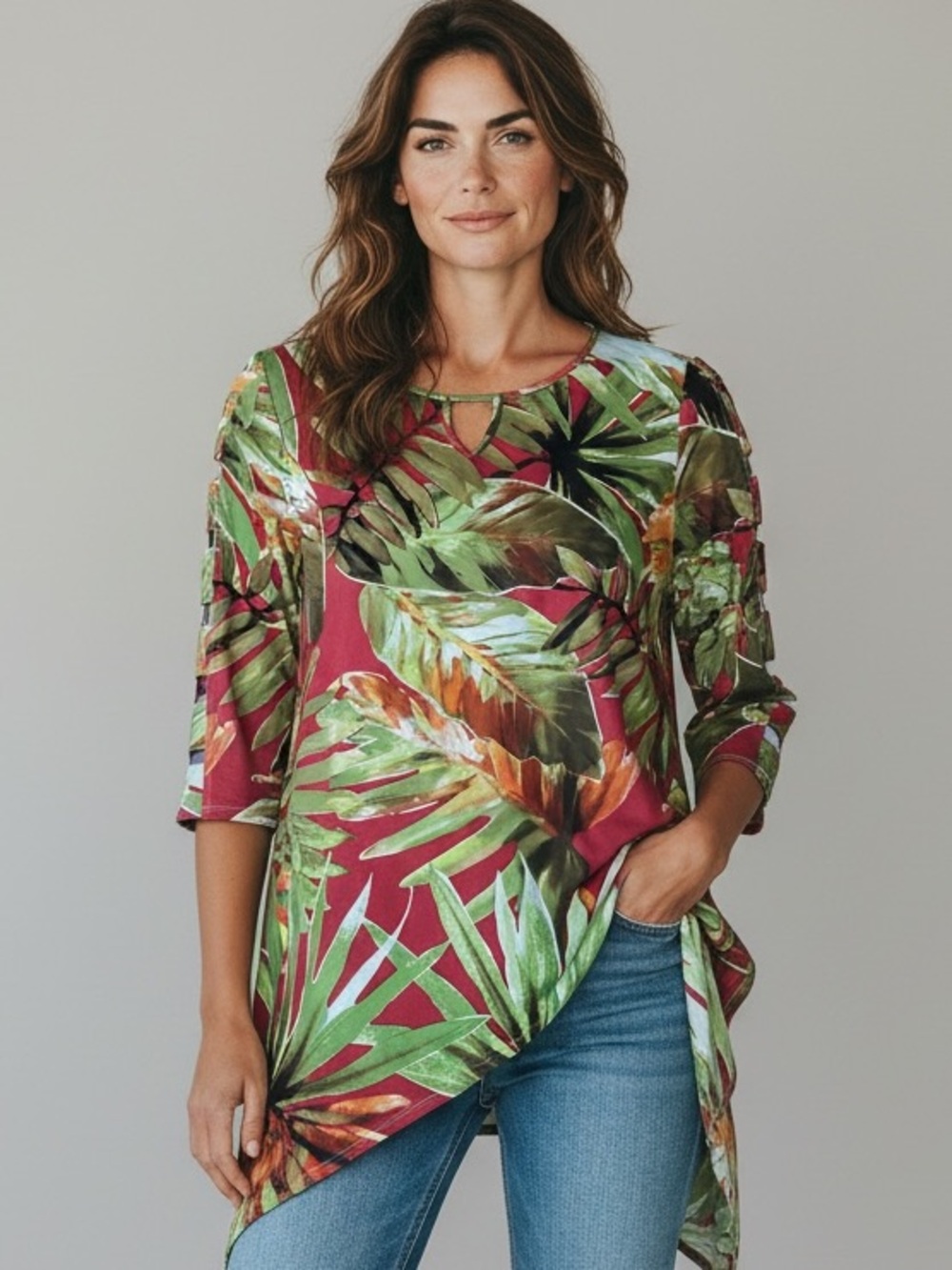 Alfred Dunner Red Tropical Leaf Asymmetric Hem Tunic